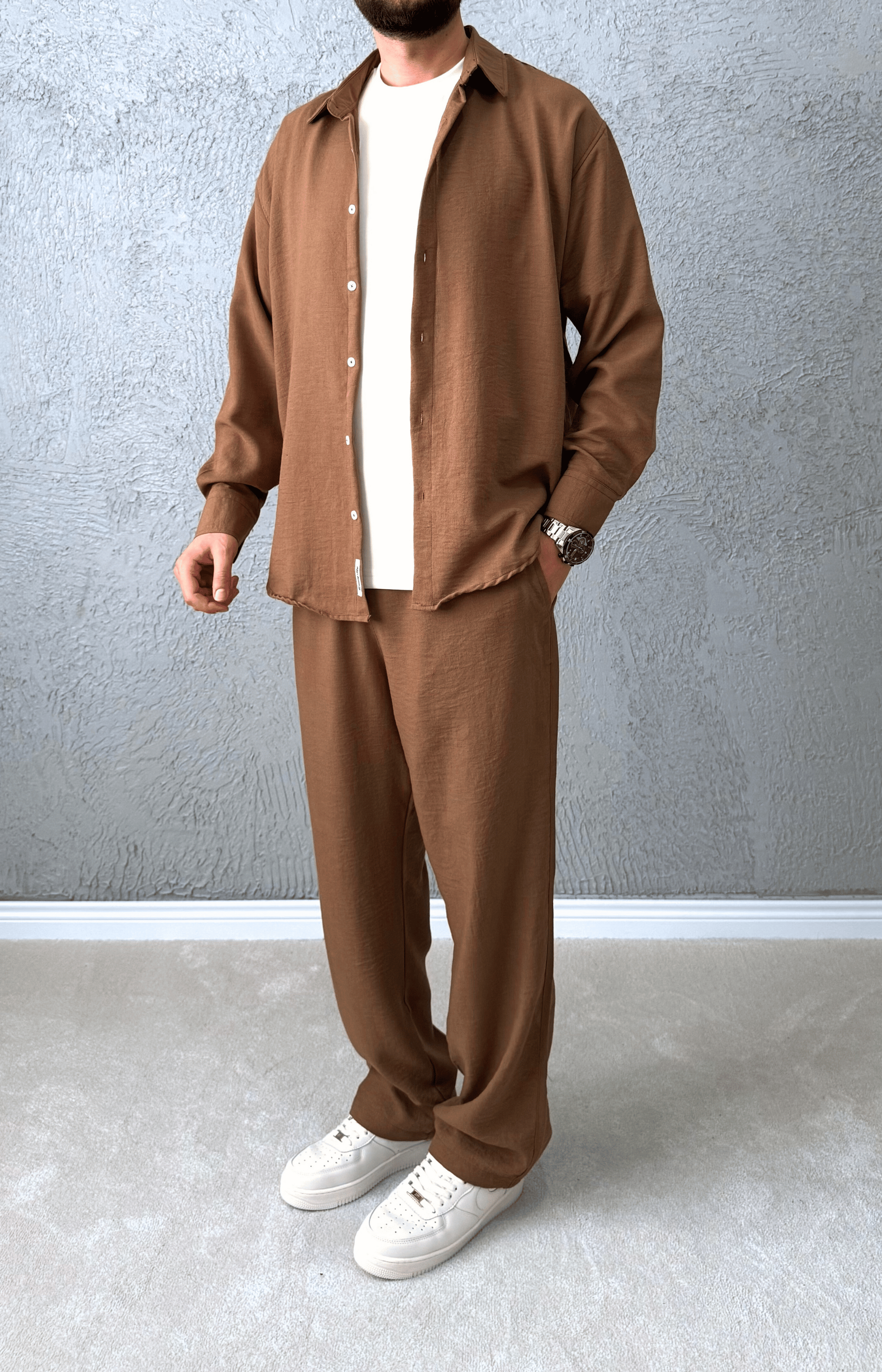 Premium Kalite Oversize Kesim Yazlık Keten Takım / Kahve - KTN01
