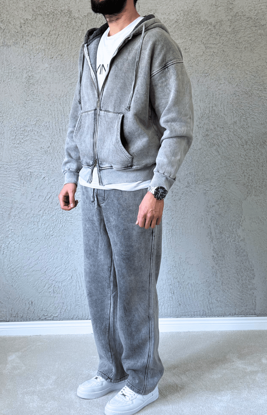Premium Kalite Oversize Yıkamalı Fermuarlı Eşofman Takımı/ ANTRASİT GRİ-TKM03