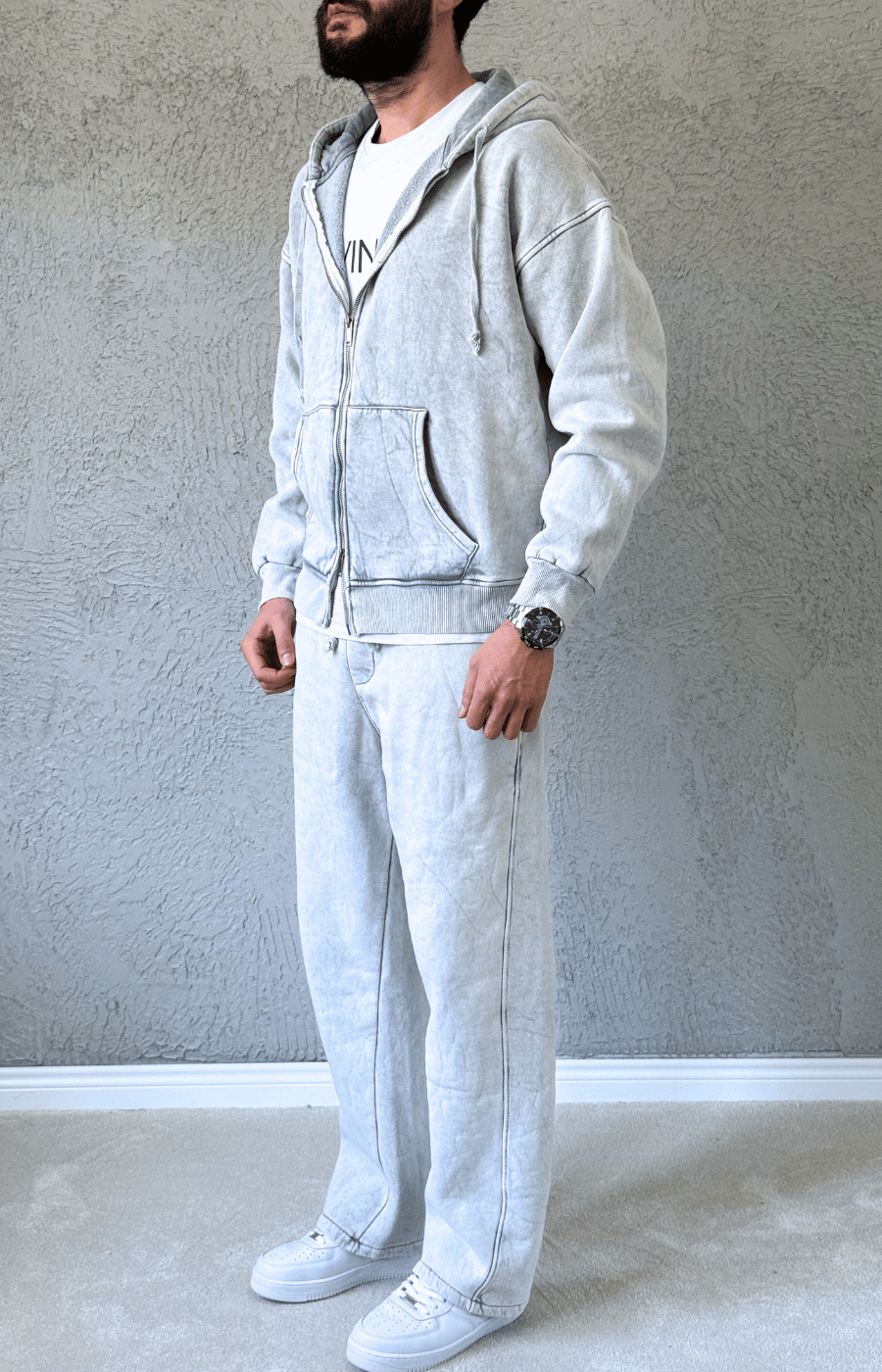 Premium Kalite Oversize Yıkamalı Fermuarlı Eşofman Takımı/ AÇIK GRİ-TKM03