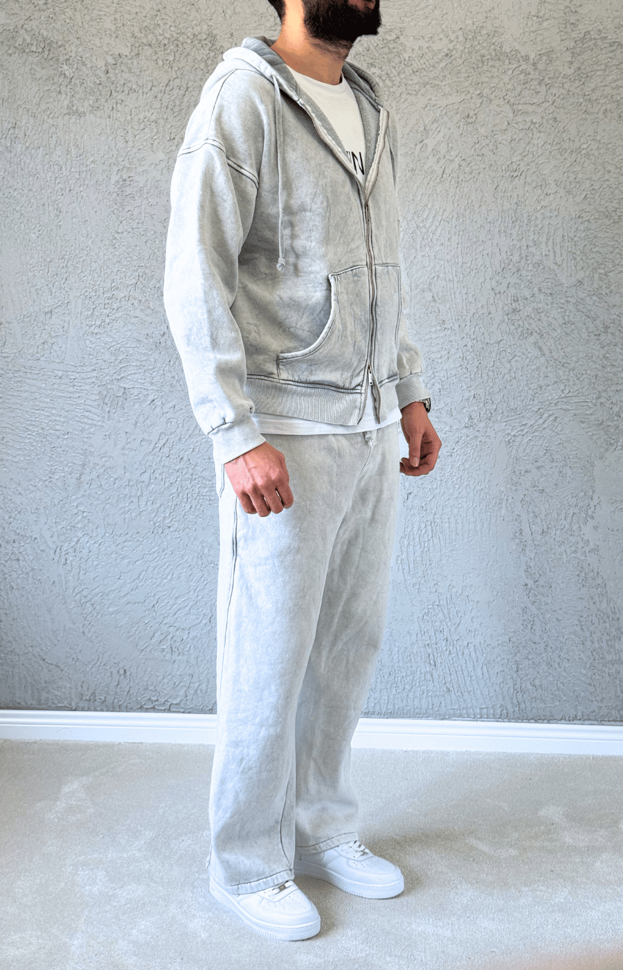 Premium Kalite Oversize Yıkamalı Fermuarlı Eşofman Takımı/ AÇIK GRİ-TKM03