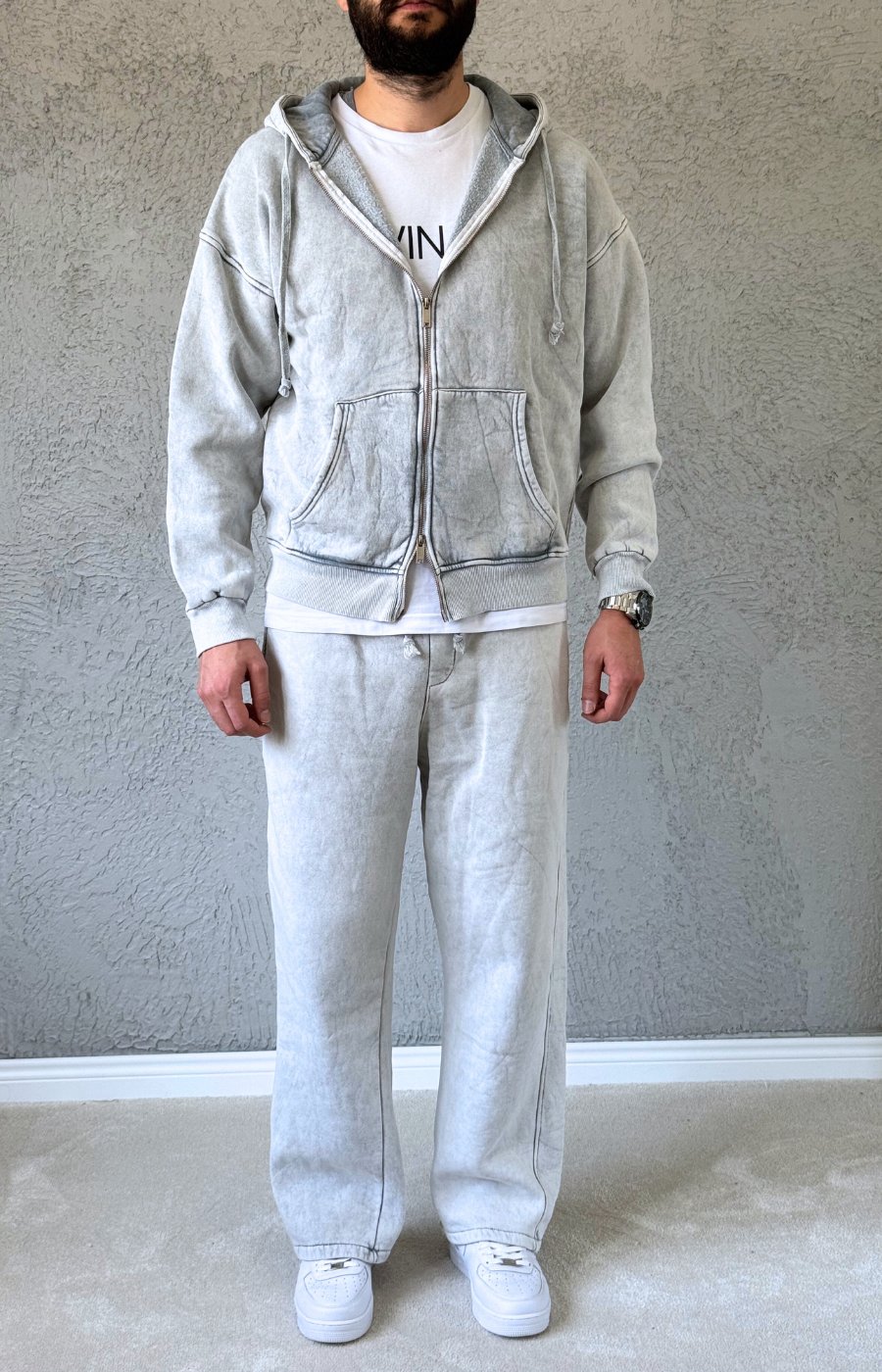 Premium Kalite Oversize Yıkamalı Fermuarlı Eşofman Takımı/ AÇIK GRİ-TKM03