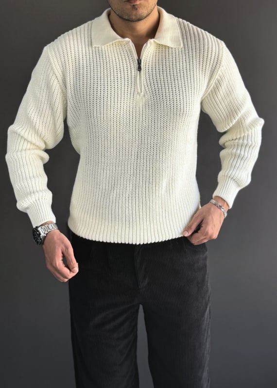 Premium Kalite Yaka Fermuar Detaylı Örgü Kazak- Krem/ KZK04