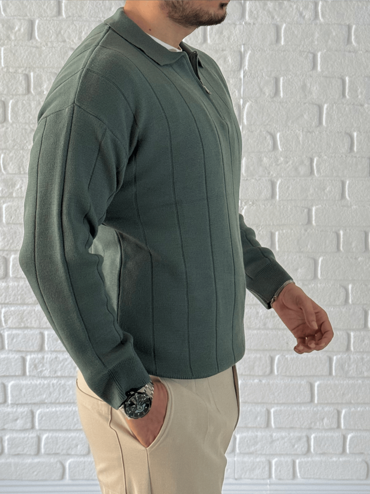 Yaka Fermuar Detaylı Oversize Premium Kalite Triko/Kazak- Yeşil/ KZK06
