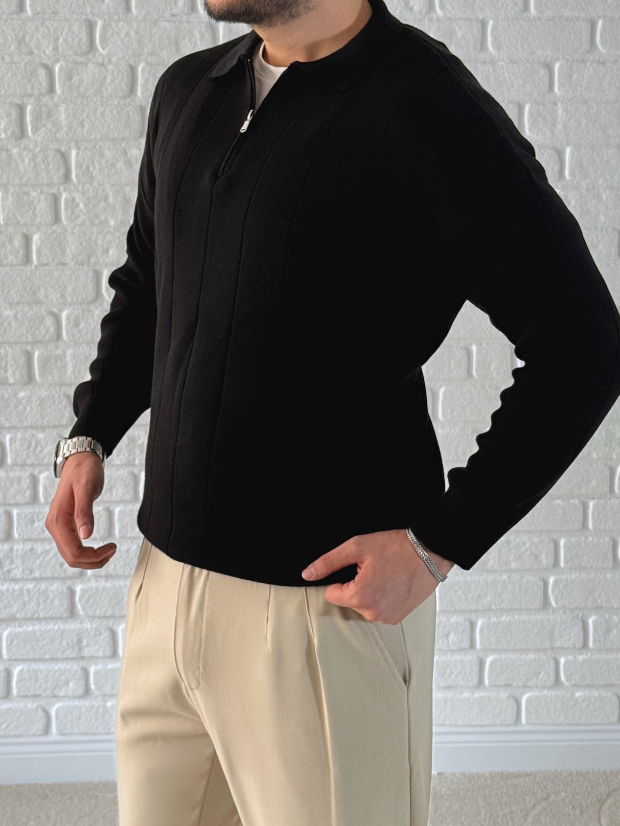 Yaka Fermuar Detaylı Oversize Premium Kalite Triko/Kazak- Siyah/ KZK06