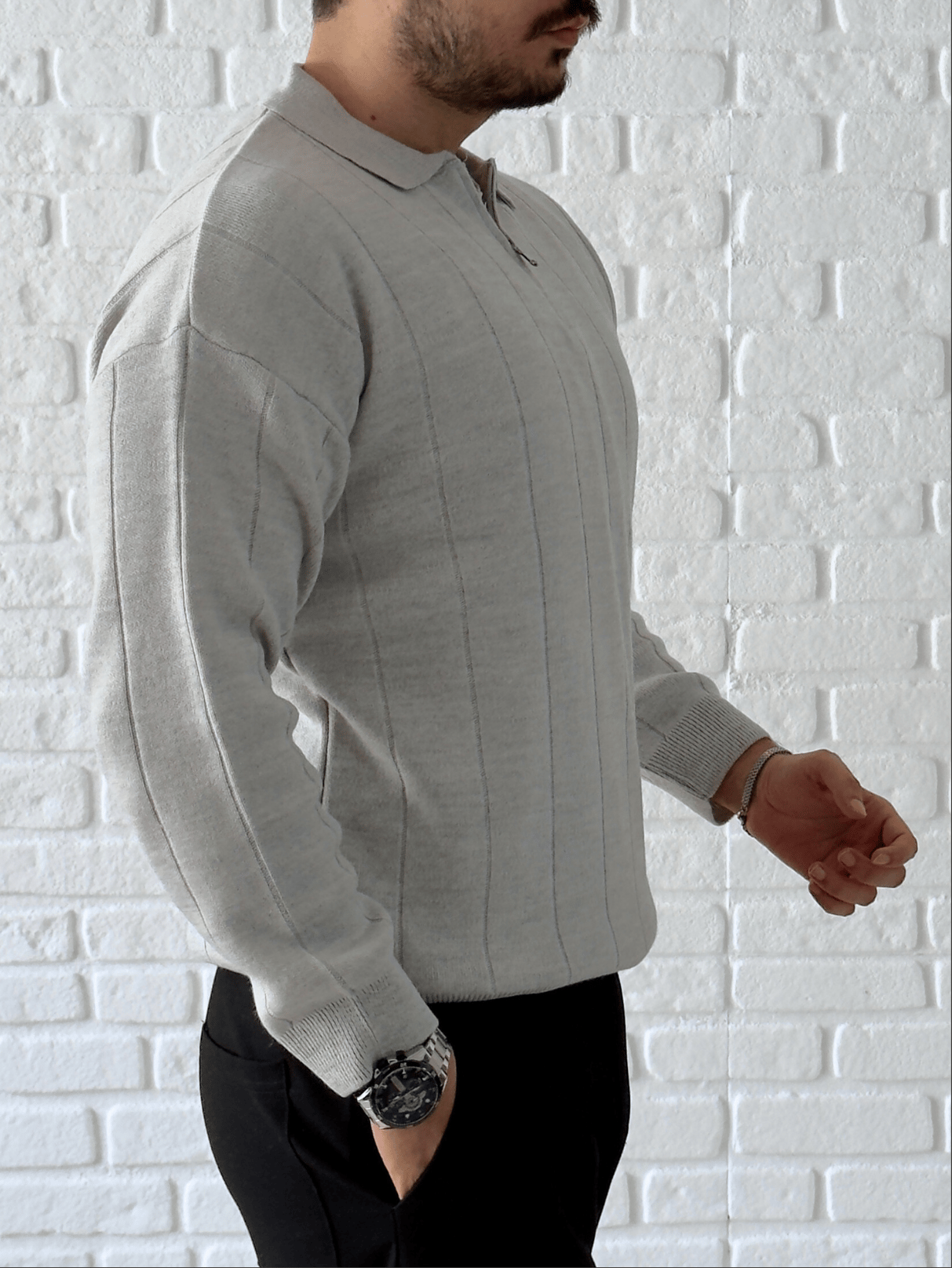 Yaka Fermuar Detaylı Oversize Premium Kalite Triko/Kazak- Gri/ KZK06