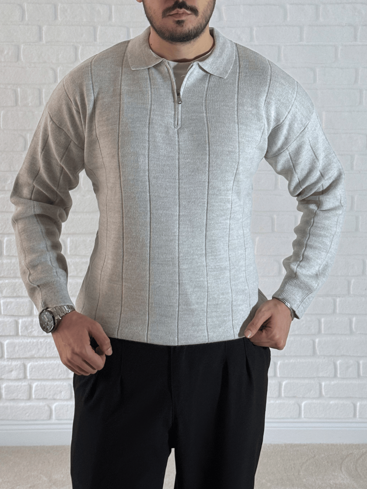Yaka Fermuar Detaylı Oversize Premium Kalite Triko/Kazak- Gri/ KZK06