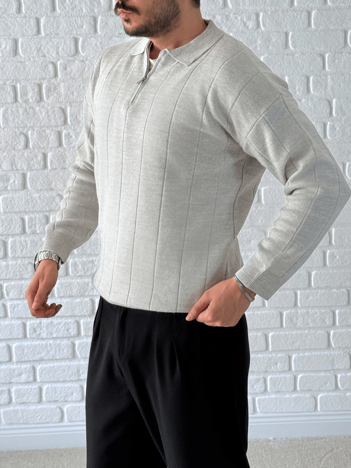 Yaka Fermuar Detaylı Oversize Premium Kalite Triko/Kazak- Gri/ KZK06