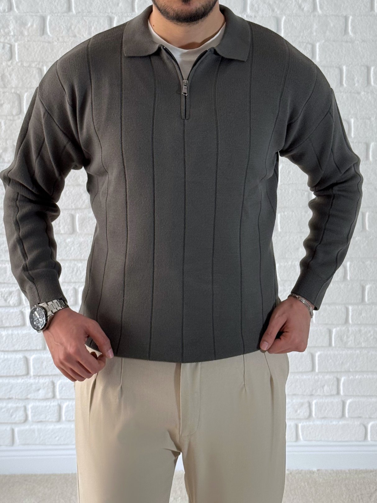 Yaka Fermuar Detaylı Oversize Premium Kalite Triko/Kazak- Antrasit/ KZK06