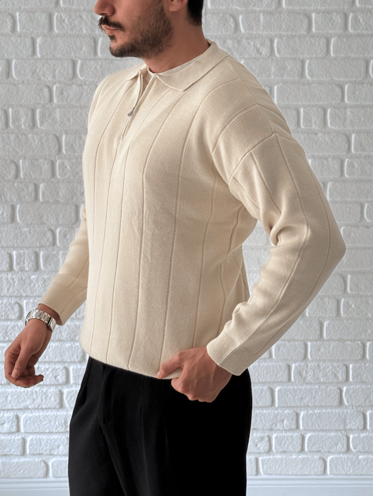Yaka Fermuar Detaylı Oversize Premium Kalite Triko/Kazak- Krem/ KZK06