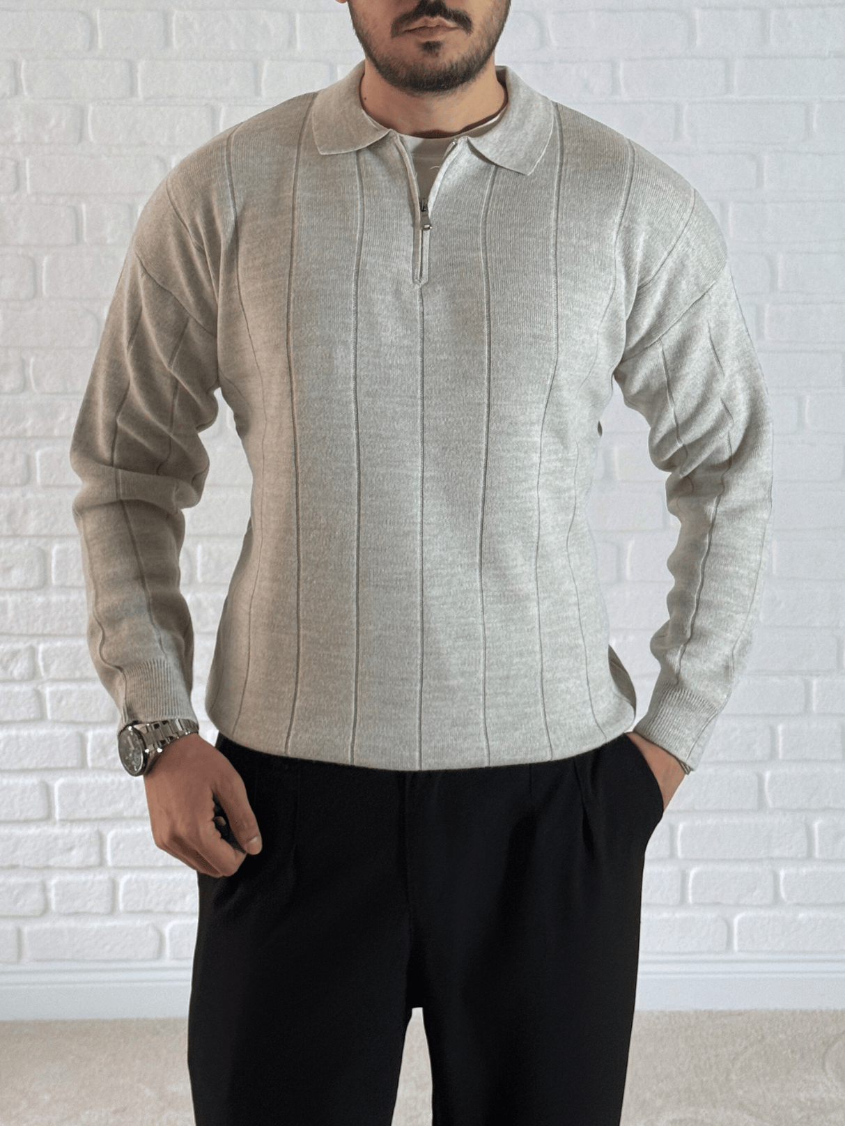 Yaka Fermuar Detaylı Oversize Premium Kalite Triko/Kazak- Gri/ KZK06