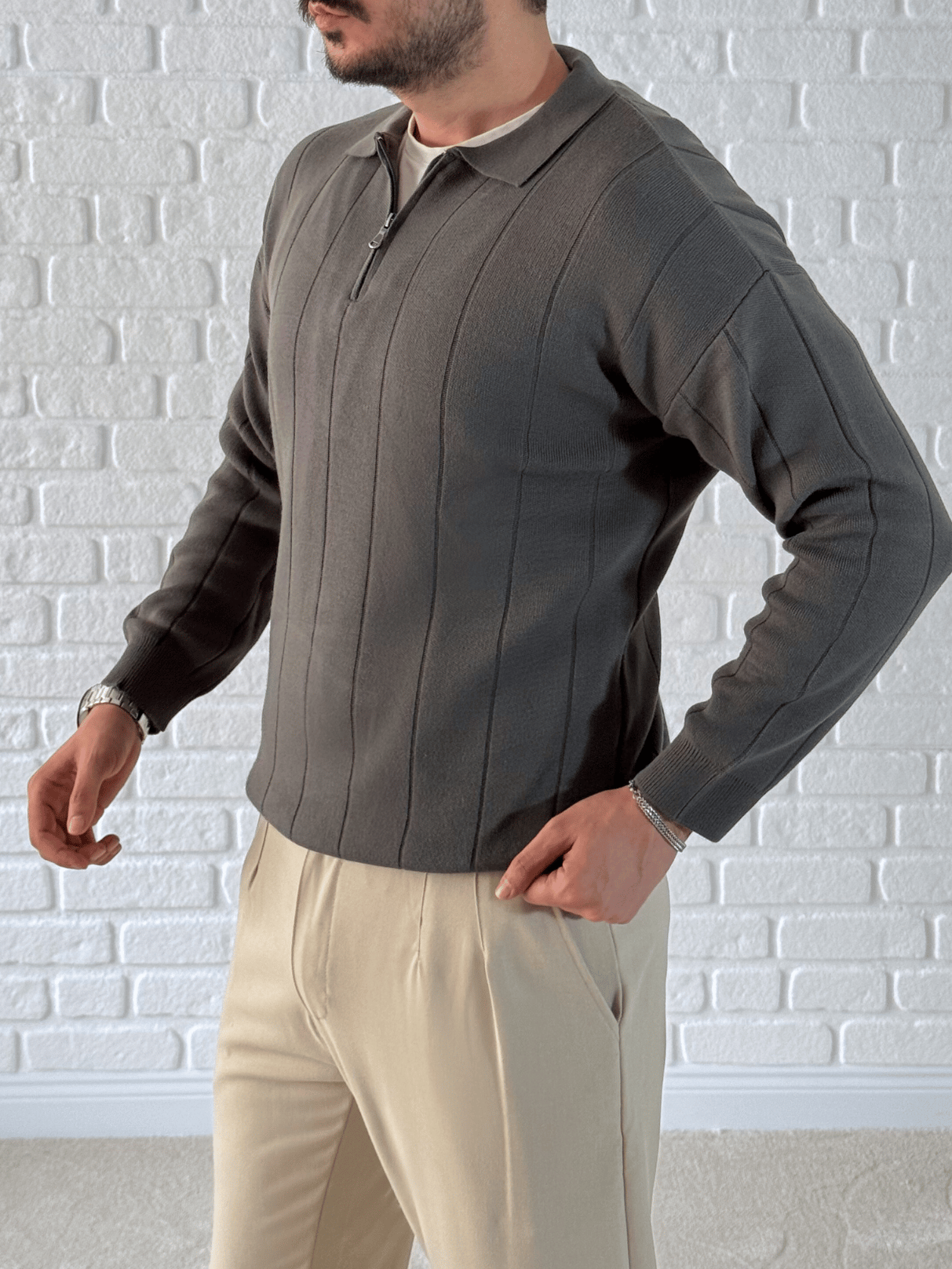 Yaka Fermuar Detaylı Oversize Premium Kalite Triko/Kazak- Antrasit/ KZK06