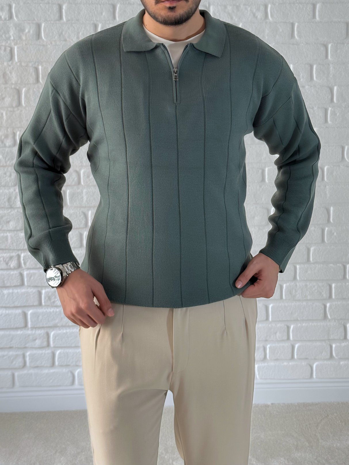 Yaka Fermuar Detaylı Oversize Premium Kalite Triko/Kazak- Yeşil/ KZK06