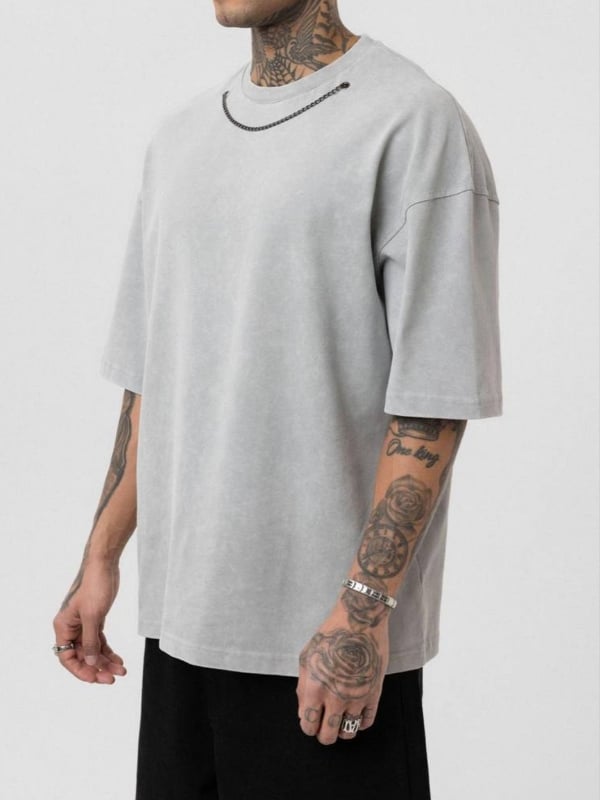 Yeni Sezon Ayarlanabilir Zincir Detaylı Oversize Yıkama T-shirt / Gri - TSH05