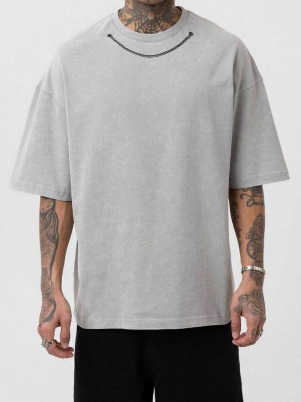 Yeni Sezon Ayarlanabilir Zincir Detaylı Oversize Yıkama T-shirt / Gri - TSH05
