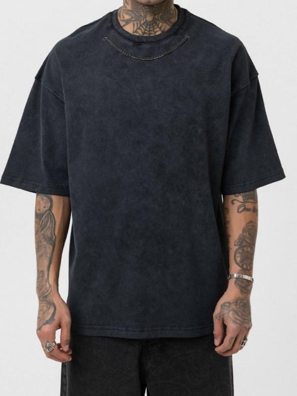 Yeni Sezon Ayarlanabilir Zincir Detaylı Oversize Yıkama T-shirt / Antrasit Gri - TSH05