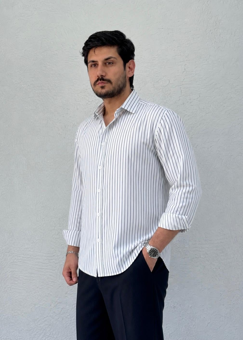 Yeni Sezon Çizgi Detaylı Modal Kumaş Yazlık Gömlek / BEYAZ - ÇZG01