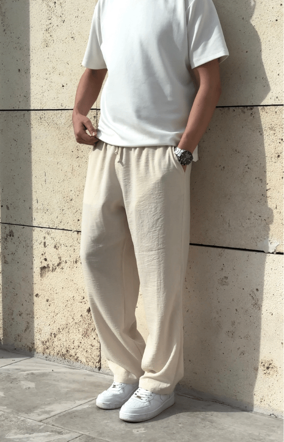 Yeni Sezon Oversize Kesim Yazlık Keten Pantolon / KREM - KTN01