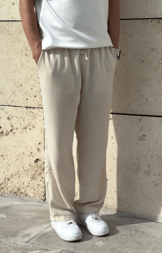 Yeni Sezon Oversize Kesim Yazlık Keten Pantolon / KREM - KTN01