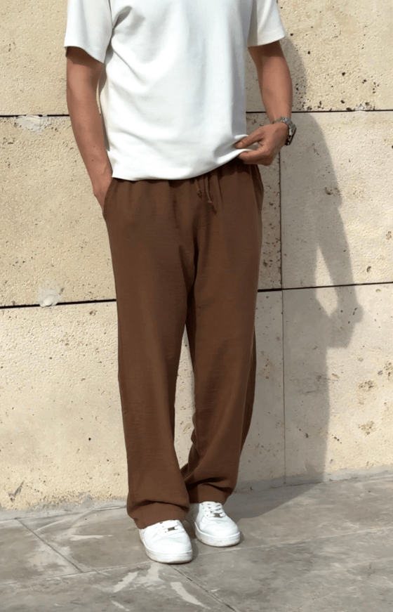 Yeni Sezon Oversize Kesim Yazlık Keten Pantolon / KAHVE - KTN01