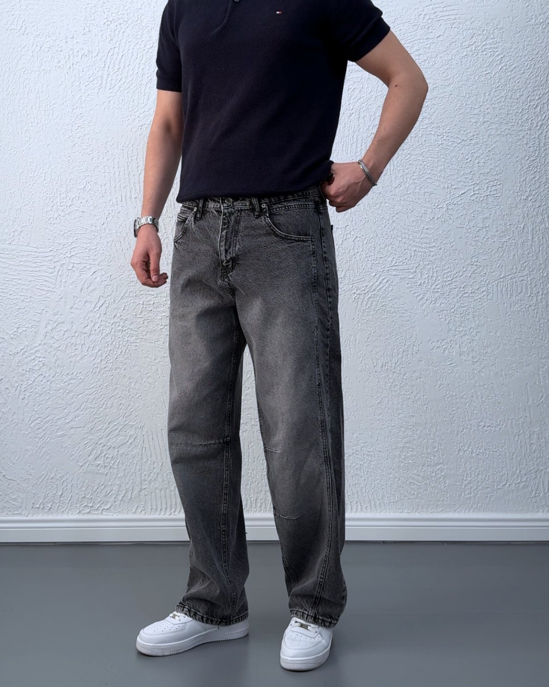 Yeni Sezon Yıkamalı Dikiş Detaylı Baggy Jean / Antrasit Gri - KPS01