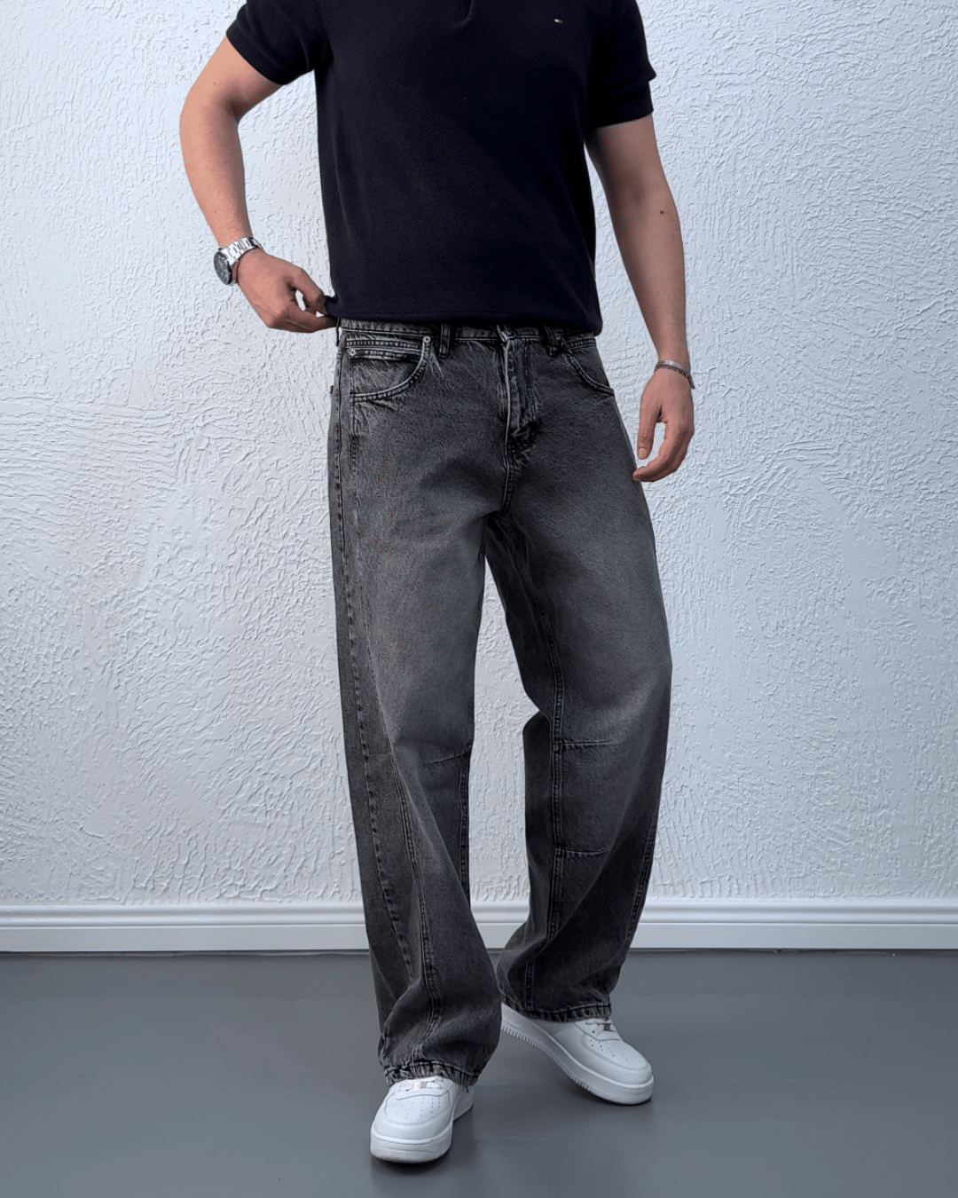 Yeni Sezon Yıkamalı Dikiş Detaylı Baggy Jean / Antrasit Gri - KPS01
