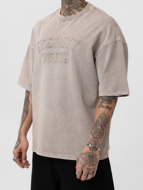 Yeni Sezon Yıkamalı Dikiş Detaylı Baskı Oversize T-shirt / KREM - TSH03