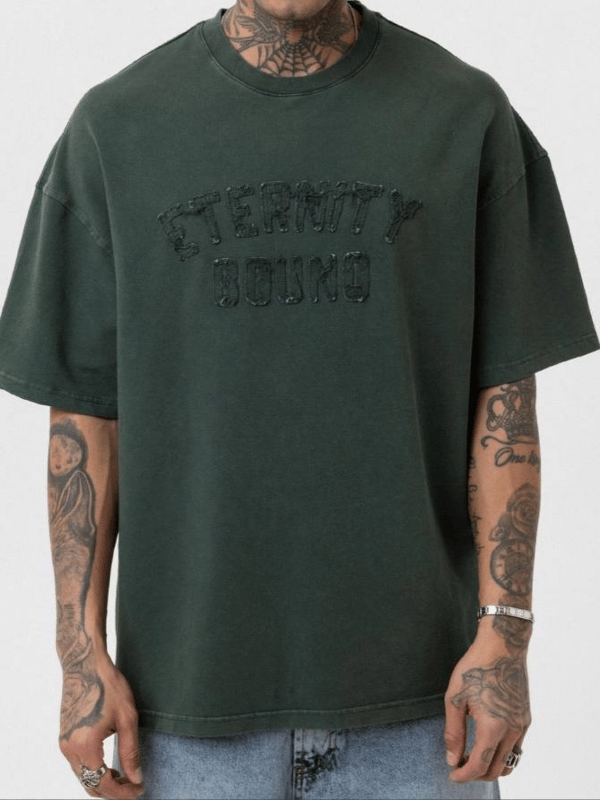 Yeni Sezon Yıkamalı Dikiş Detaylı Baskı Oversize T-shirt / YEŞİL - TSH03