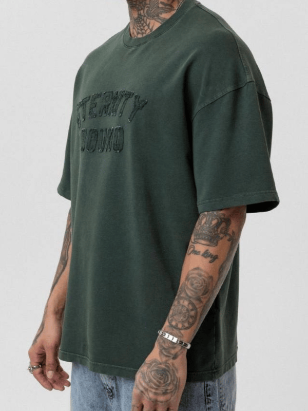 Yeni Sezon Yıkamalı Dikiş Detaylı Baskı Oversize T-shirt / YEŞİL - TSH03