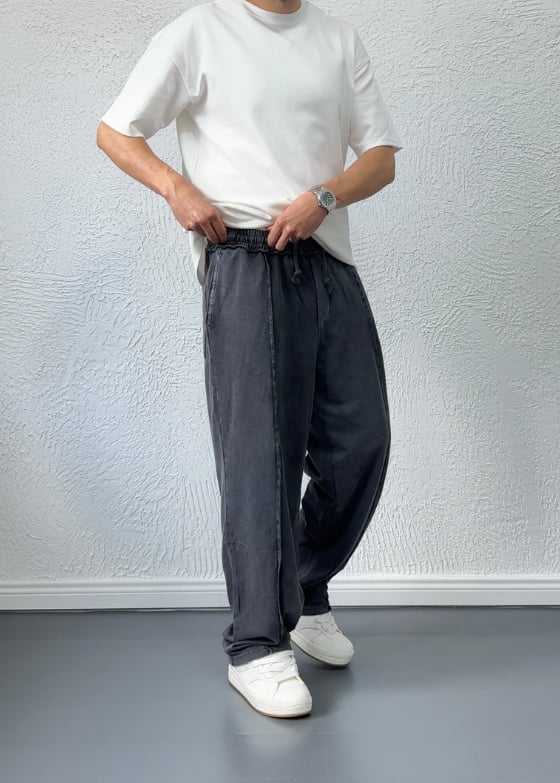 Yıkamalı Çizgi Detay Baggy Eşofman Altı / Antrasit  - VMS01