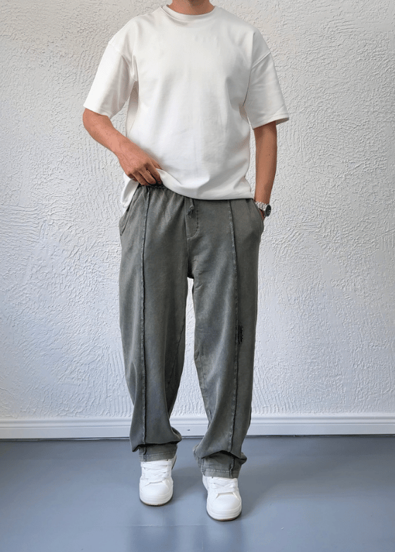Yıkamalı Çizgi Detay Baggy Eşofman Altı / Haki - VMS01 
