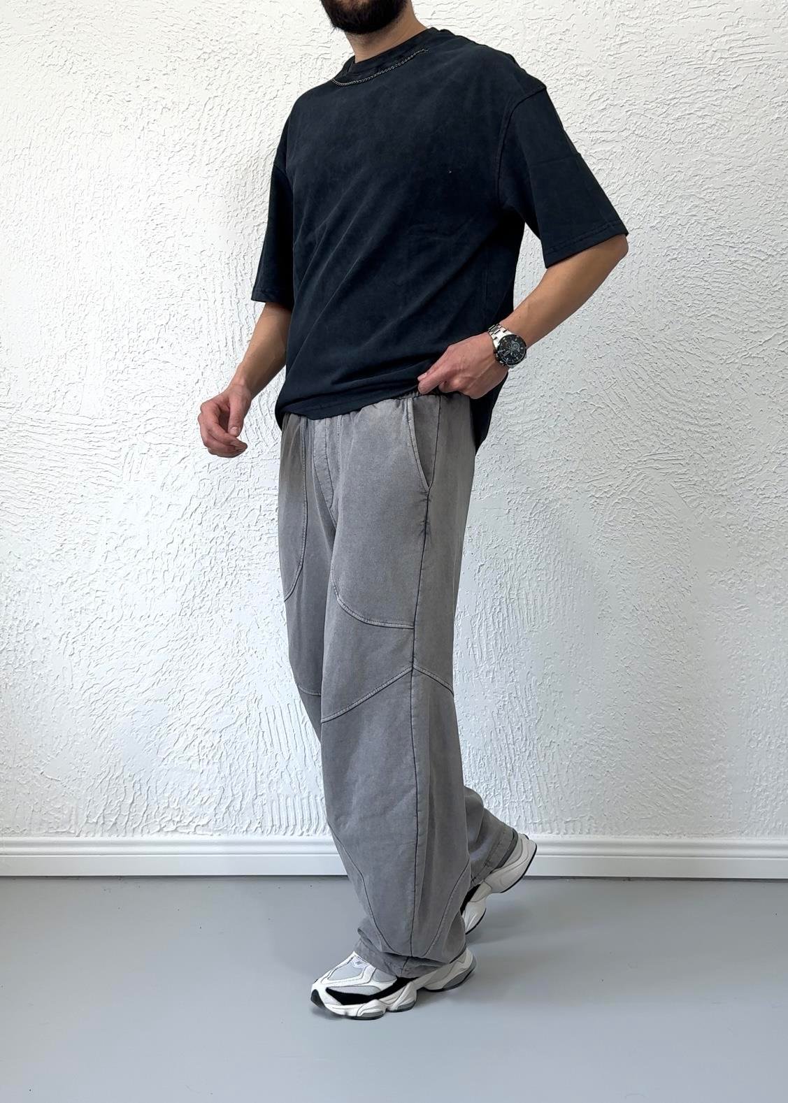 Yıkamalı Dikiş Detaylı Oversize Eşofman Altı / GRİ - BLN01