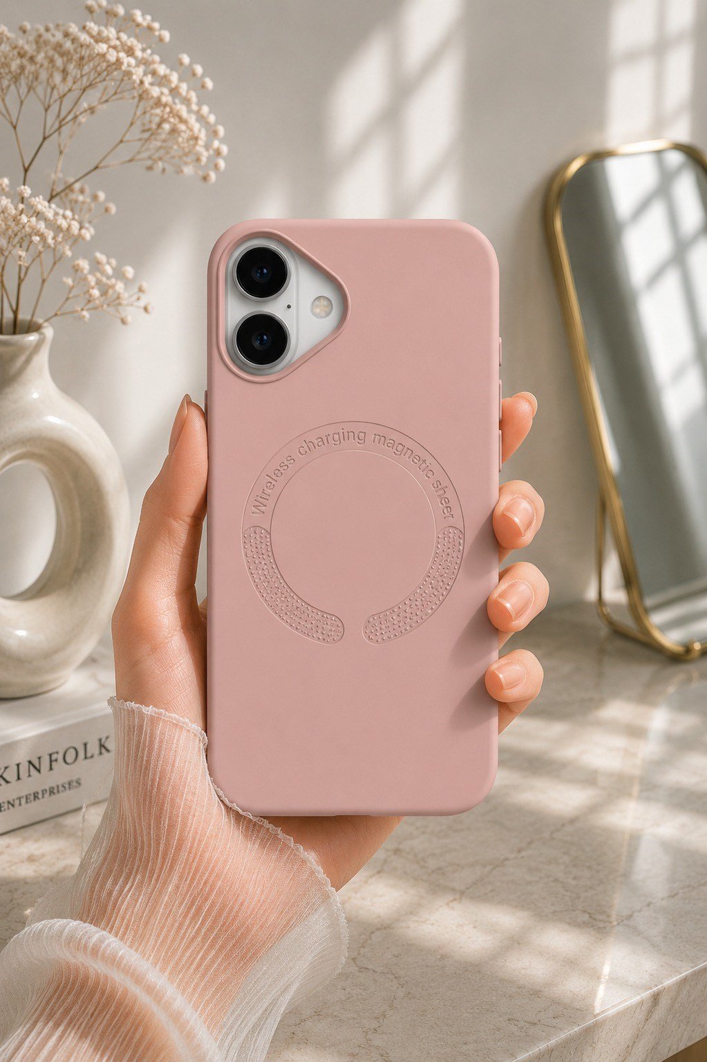 iPHONE 16 PLUS MAGSAFE KILIF LEATHER KAPAK PEMBE