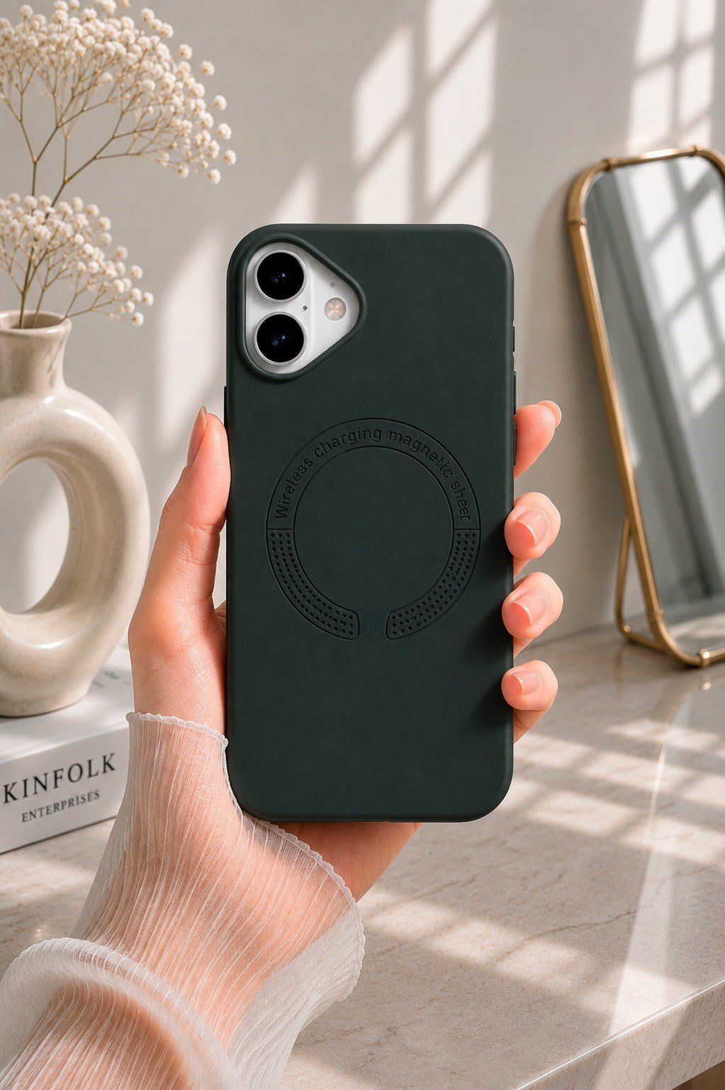iPHONE 16 PLUS MAGSAFE KILIF LEATHER KAPAK KOYU YEŞİL