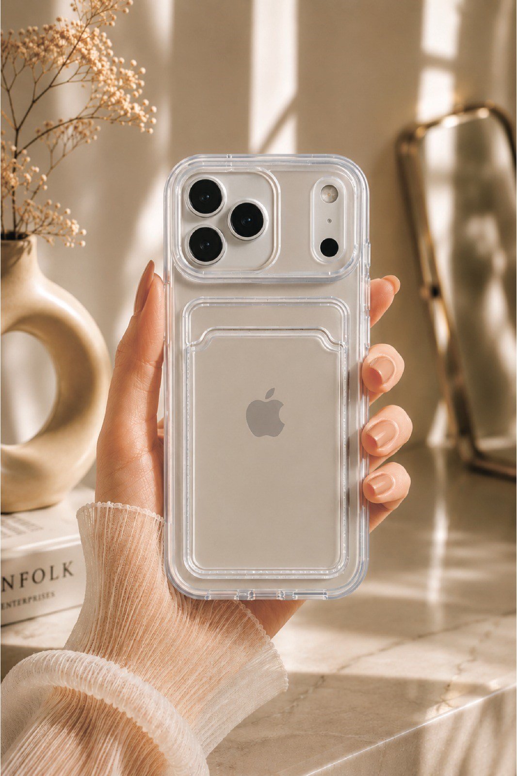 iPHONE 17 PRO KAMERA KORUMALI KAPAK CÜZDANLI ŞEFFAF KILIF