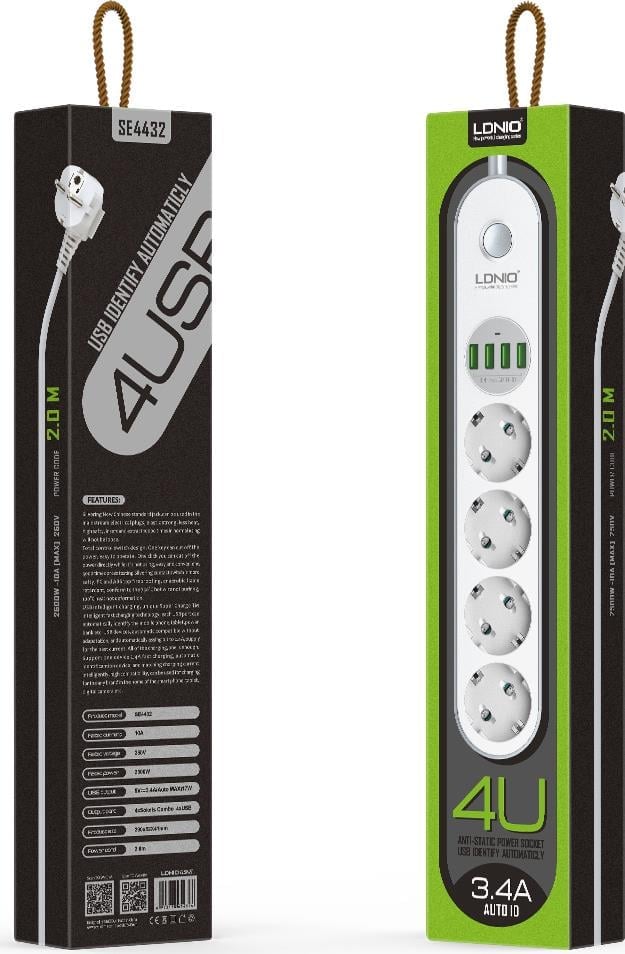 LDNIO 4 USB + 4 LU AKIM KORUMALI PRIZ SE4432