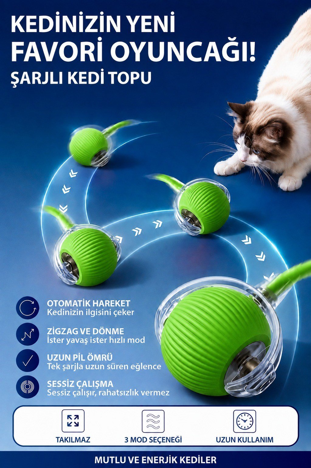 ŞARJLI KEDİ TOPU IŞIKLI HAREKETLİ 3 MODLU KEDİ OYUNCAĞI C02 YEŞİL