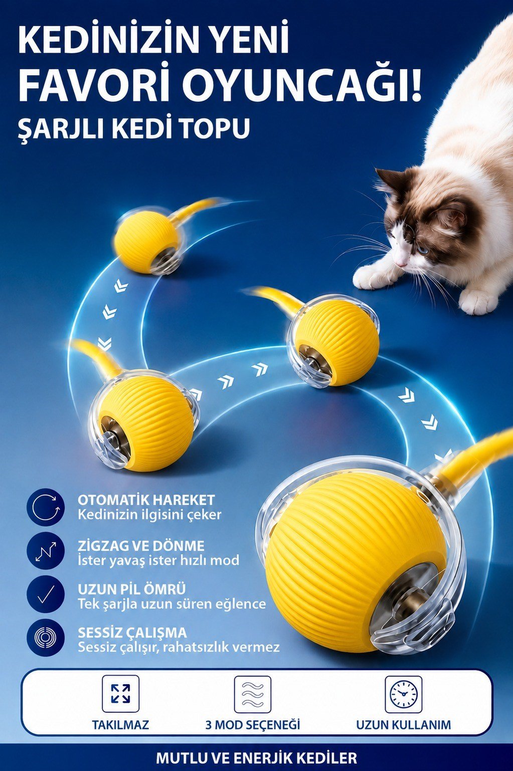 ŞARJLI KEDİ TOPU IŞIKLI HAREKETLİ 3 MODLU KEDİ OYUNCAĞI C02 SARI