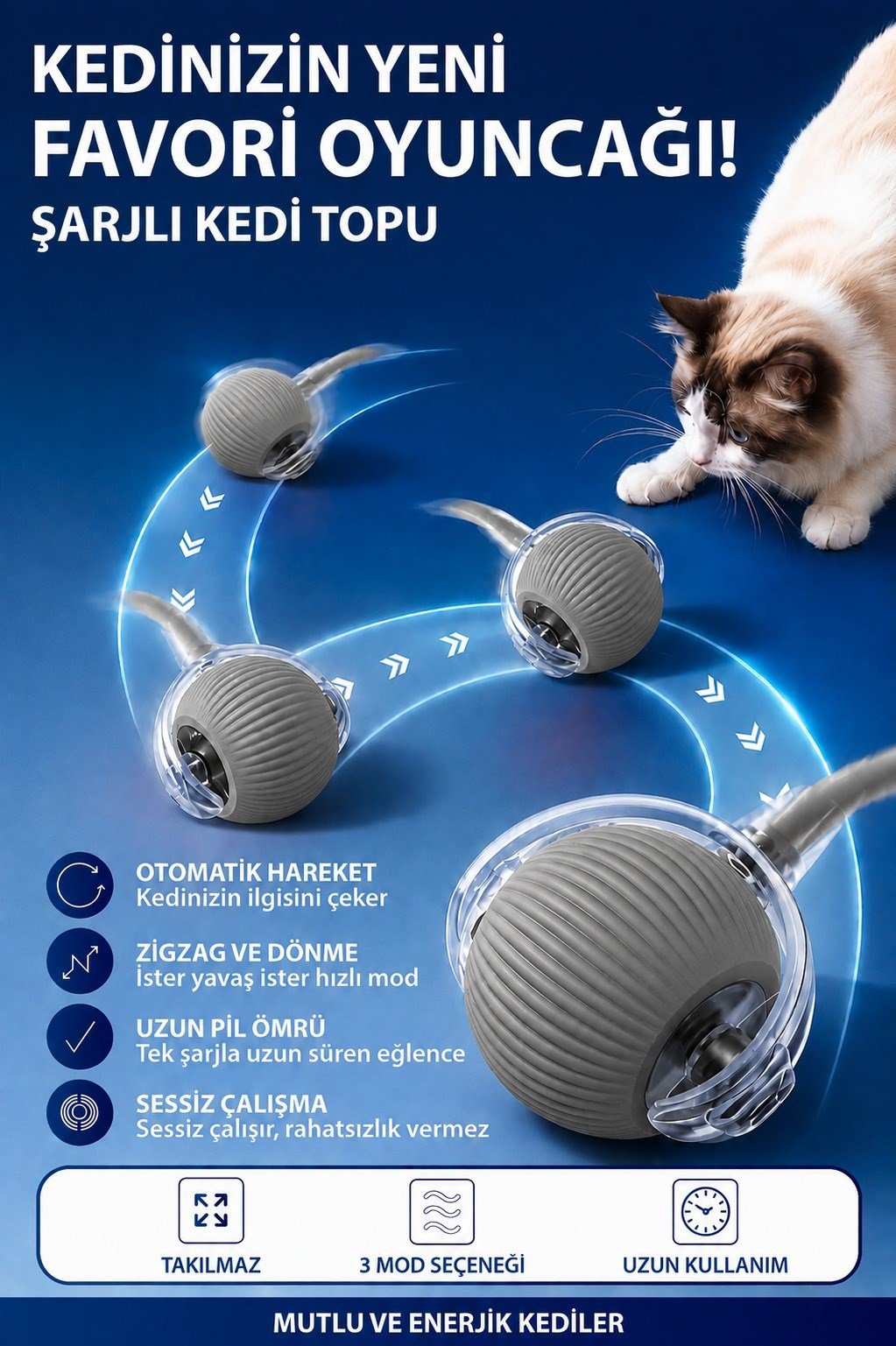 ŞARJLI KEDİ TOPU IŞIKLI HAREKETLİ 3 MODLU KEDİ OYUNCAĞI C02 GRİ