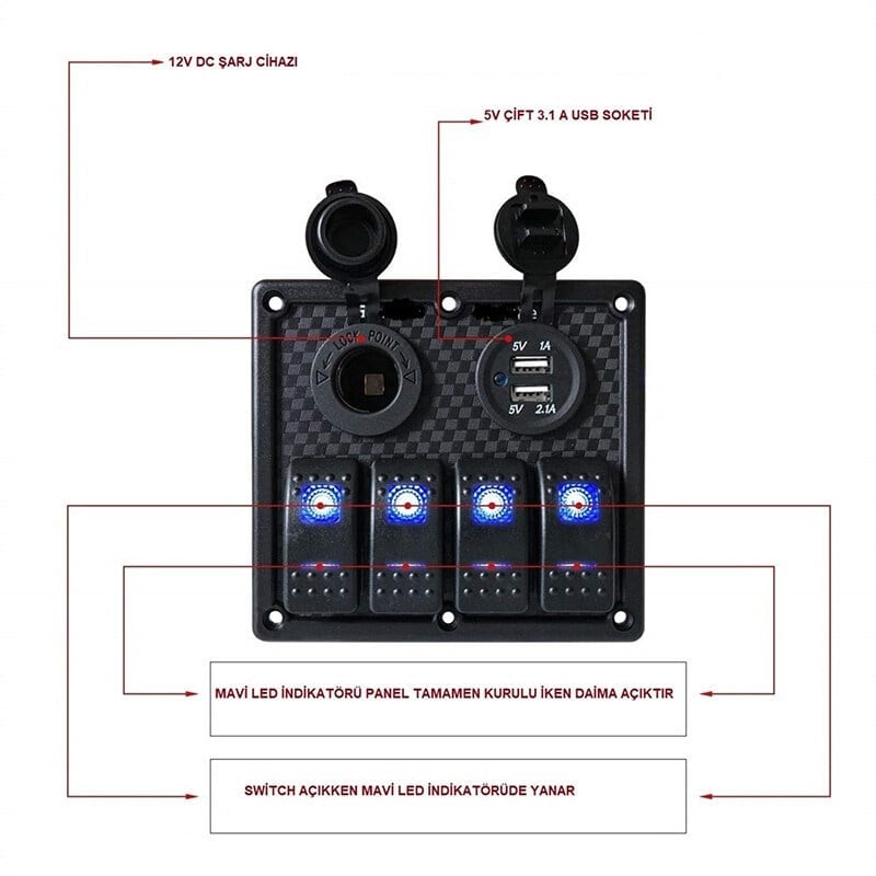 BFY Sigortalı Switch Panel USB + 12V Çakmaklık, 4 Anahtarlı