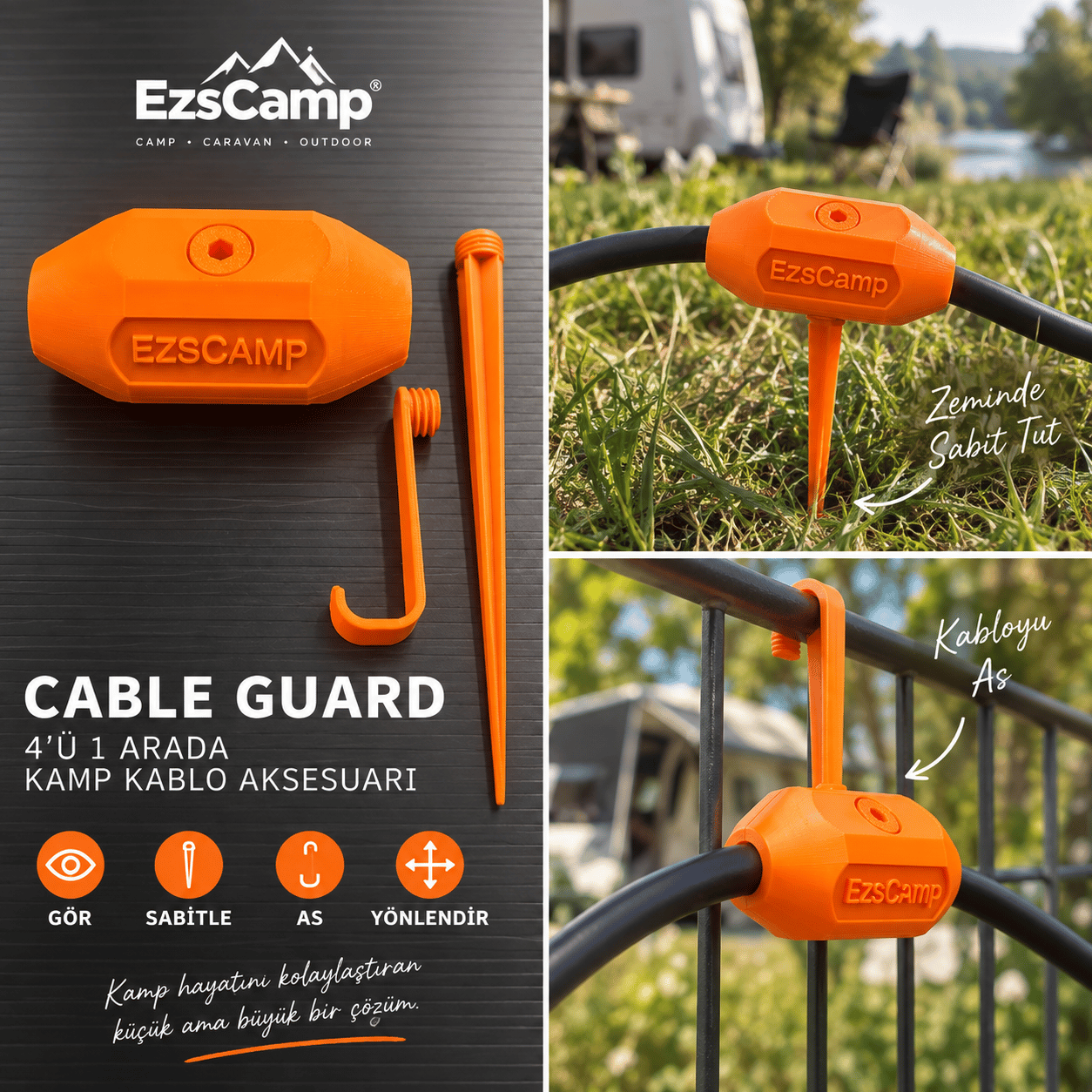 EzsCamp Cable Guard – 4'ü 1 Arada Kamp Kablo Sabitleme ve İşaretleme Aparatı