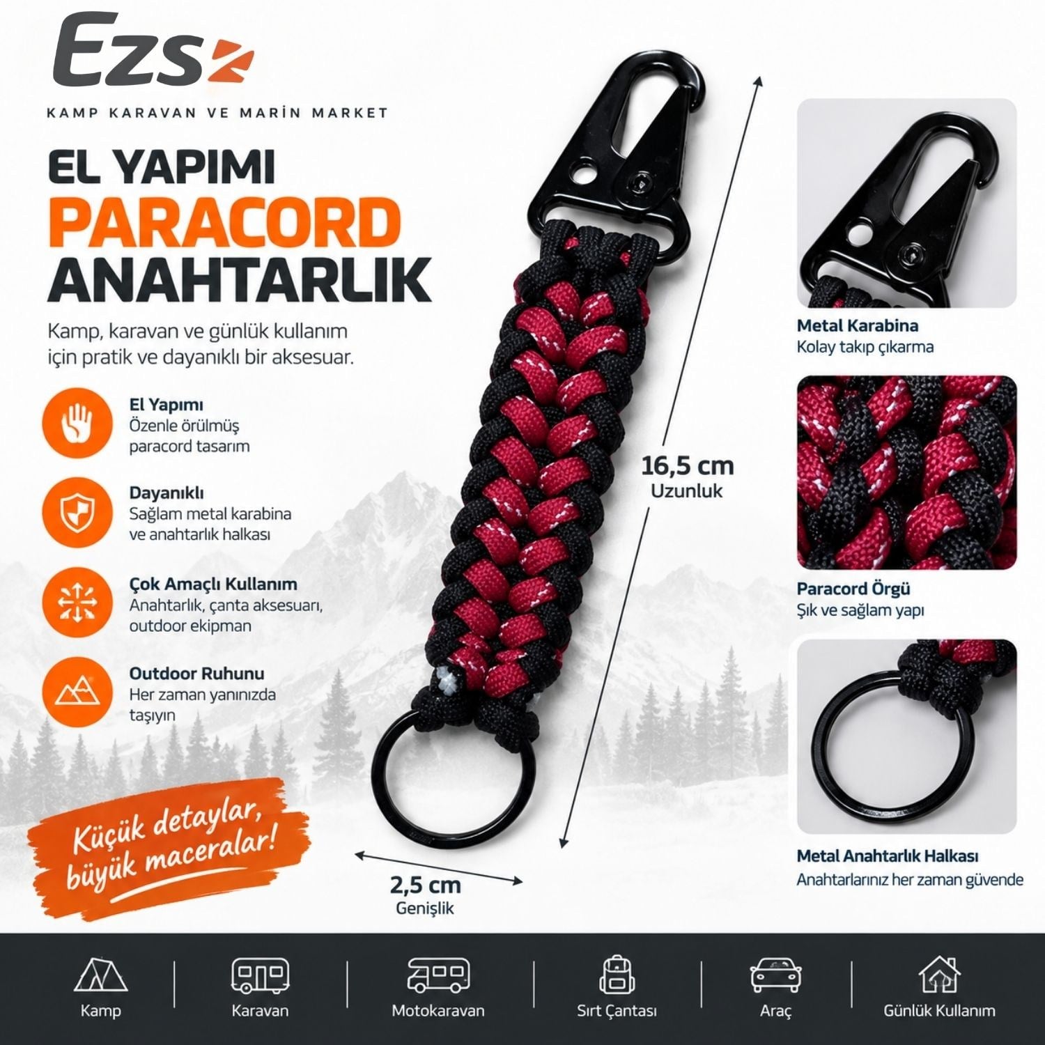 EzsCamp El Yapımı Paracord Anahtarlık – Siyah Bordo Örgü, Metal Karabinalı 16,5 cm