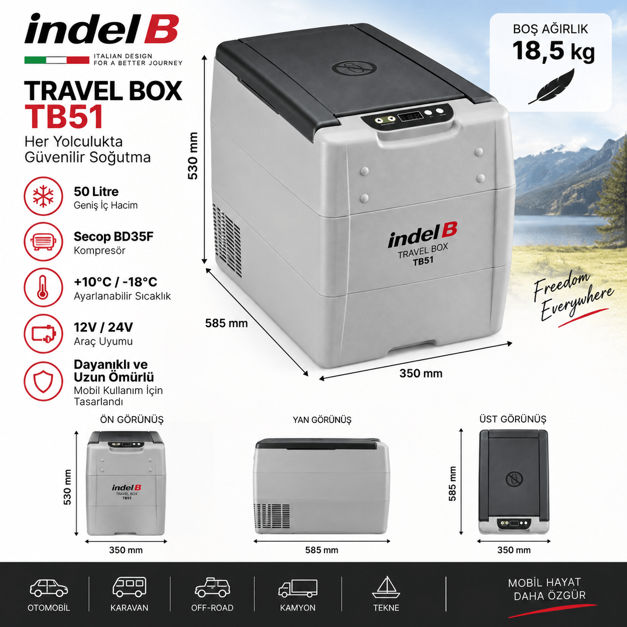 Indel B Travel Box TB51 50 L Kompresörlü Portatif Araç Buzdolabı & Dondurucu 12/24V – Secop BD35F