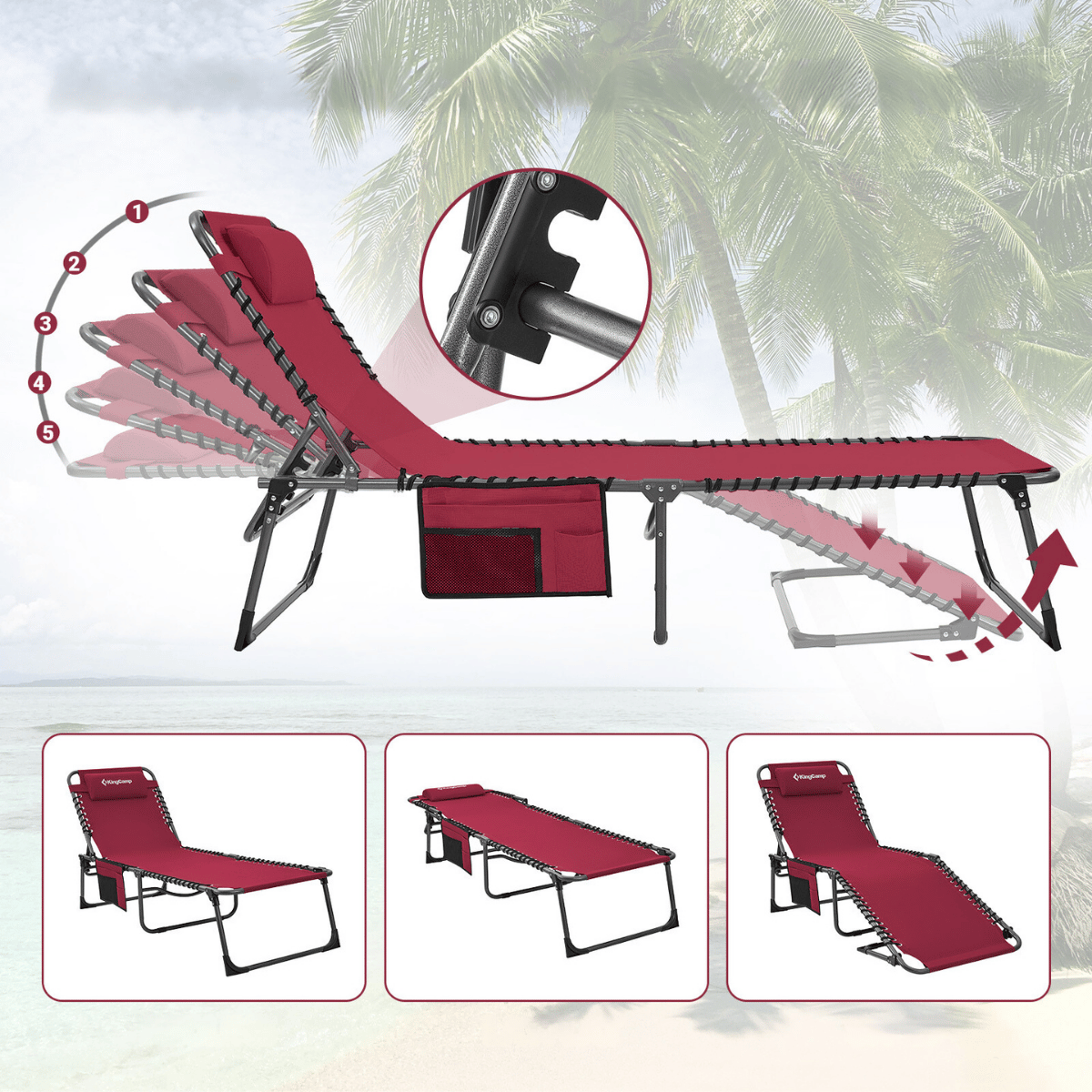 KingCamp Berlin Classic Comfort 2'li Set 5 Kademeli Katlanır Şezlong Wine