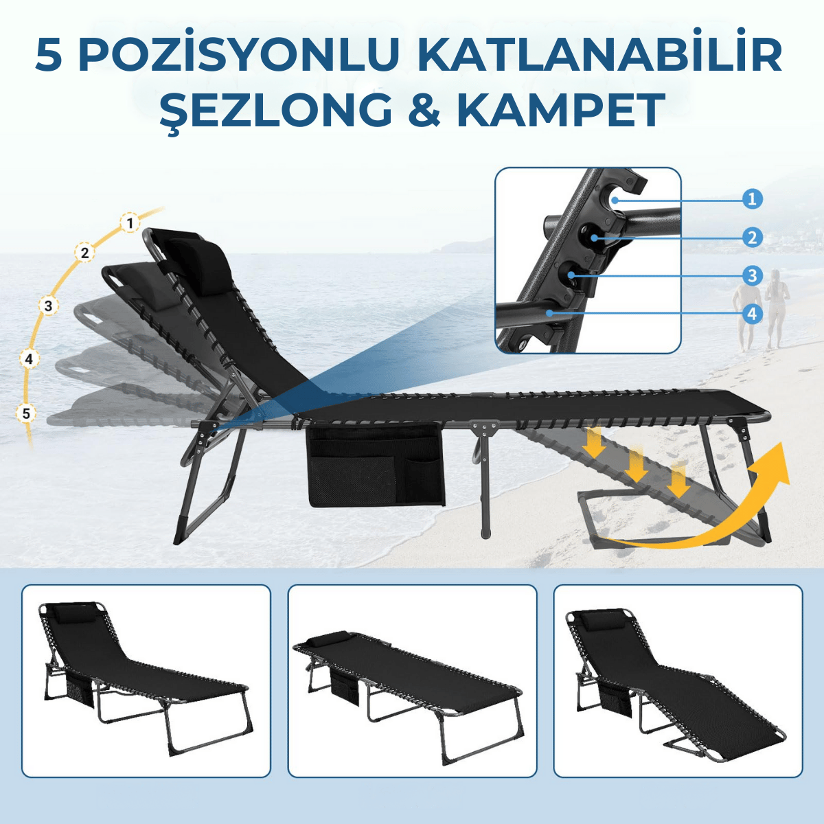 KingCamp Berlin Cool Plus 5 Kademeli Katlanır Şilteli Şezlong & Kampet