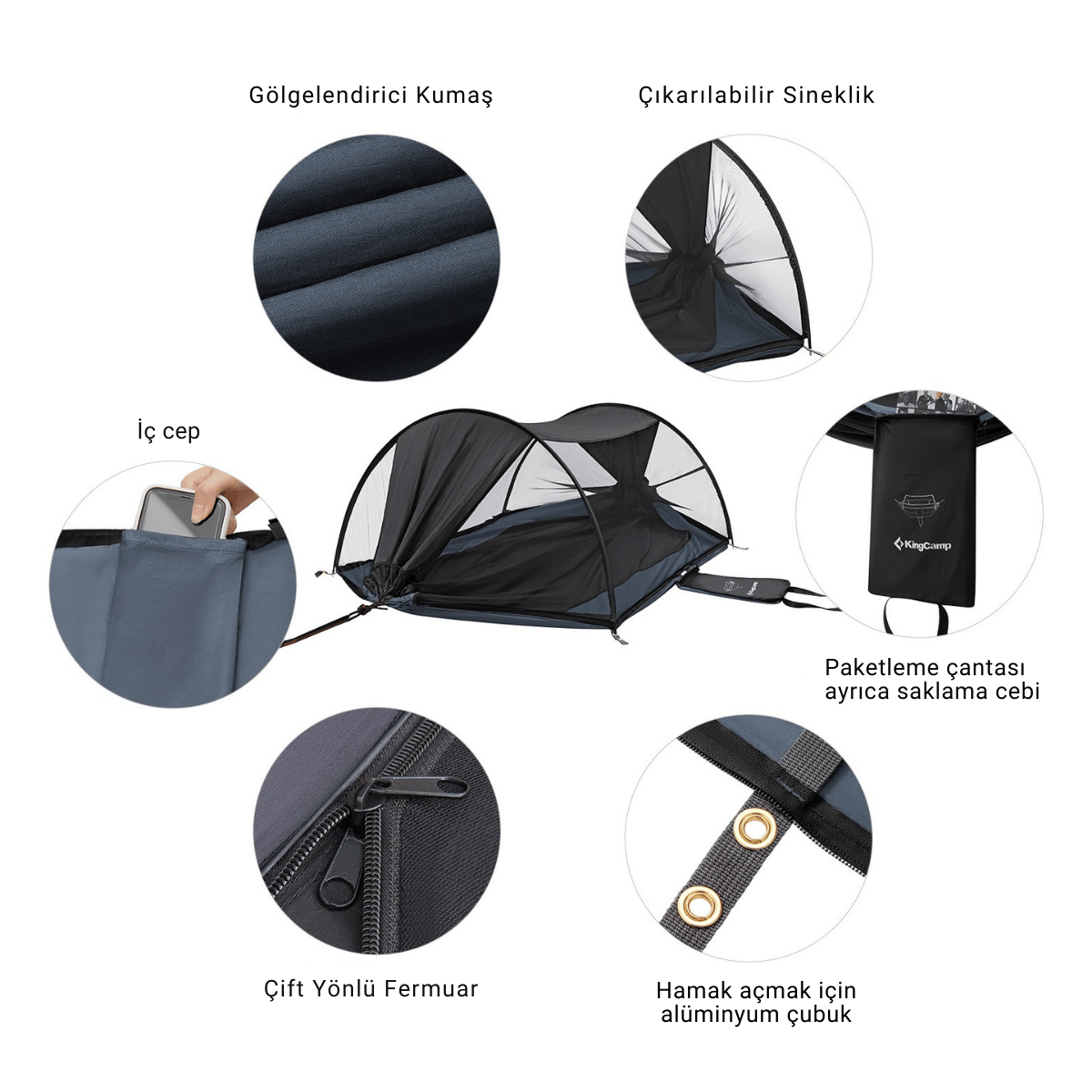 KingCamp Multi-function 3 ü 1 Arada Çift Kişilik Cibinlikli Hamak Black