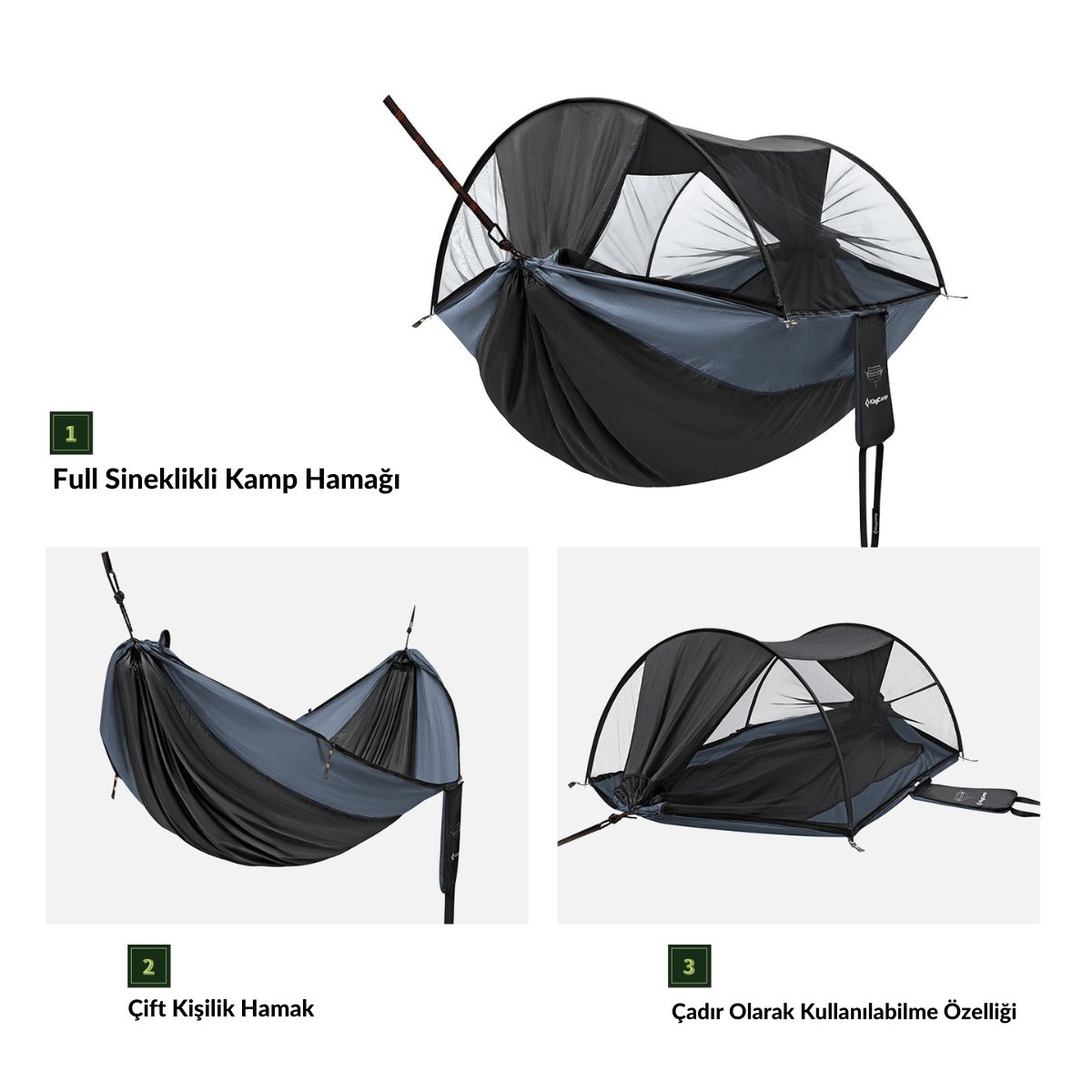 KingCamp Multi-function 3 ü 1 Arada Çift Kişilik Cibinlikli Hamak Black