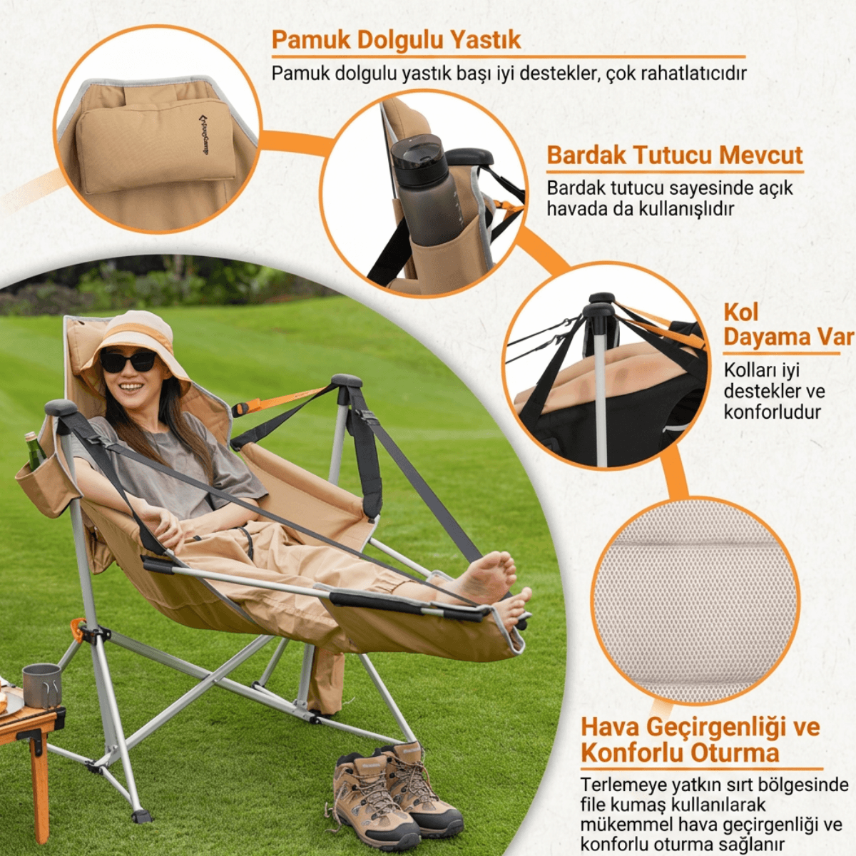 KingCamp Orchid Lux Ayak Dayamalı & Salıncaklı Hamak Kamp Sandalyesi Khaki/Grey