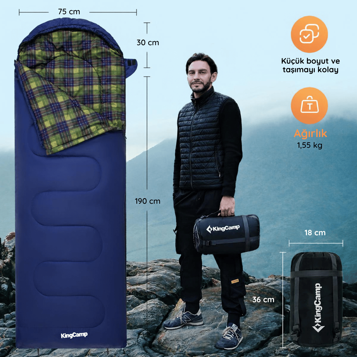 KingCamp SEVAN 250 Konforlu Uyku Tulumu Navy Sol F.