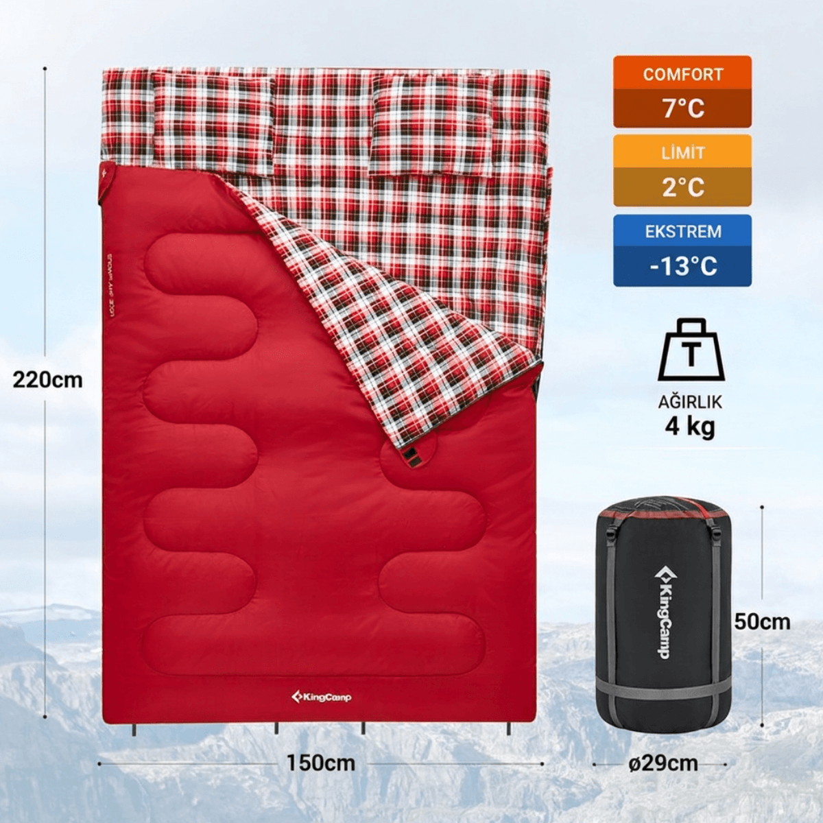 KingCamp Snowflake 300-D Ultra Çift Kişilik Uyku Tulumu Red
