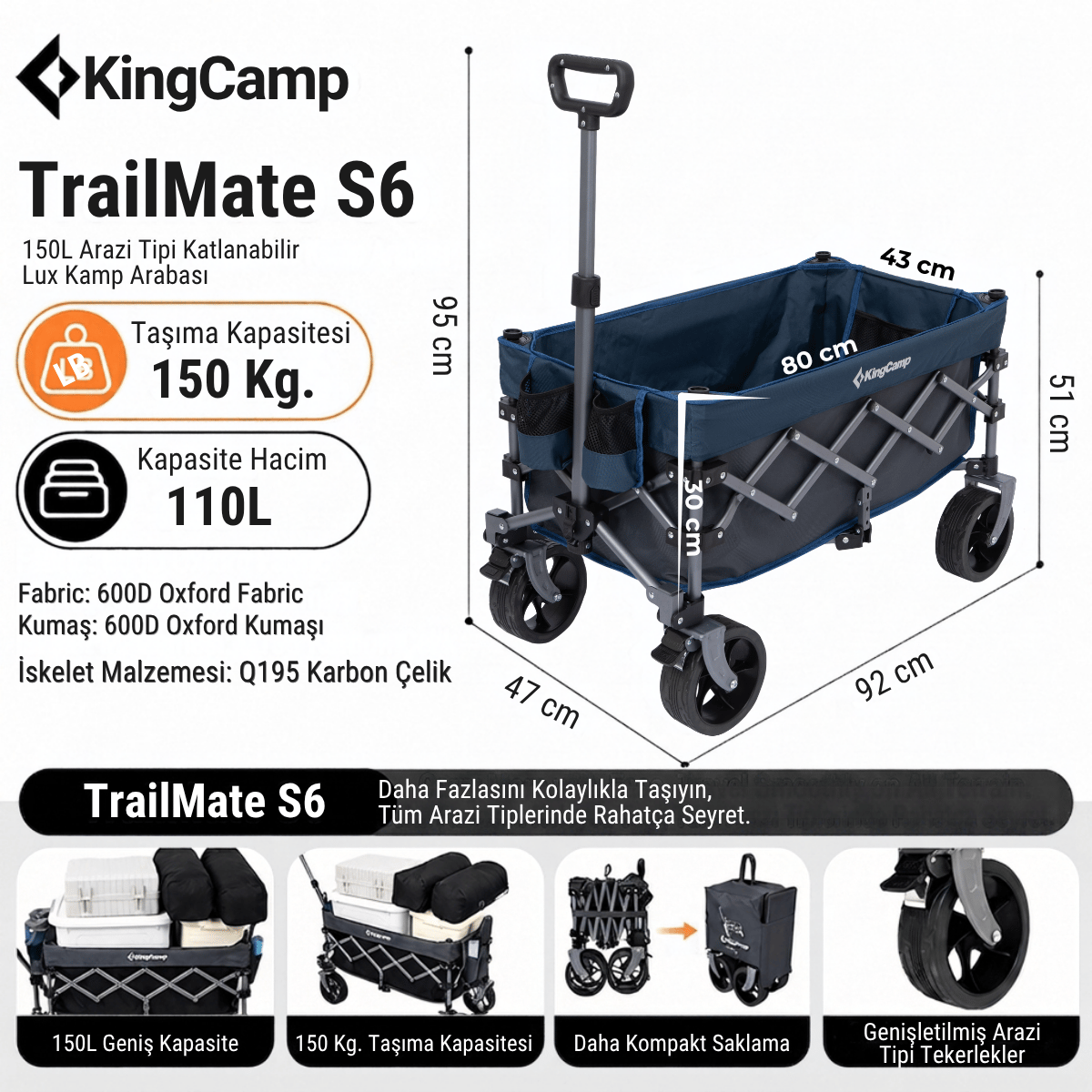 KingCamp TrailMate S6 110L Premium Vagon Taşıma Aracı